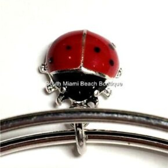 Ladybug Charm Bracelet Lady Bug Red Enamel Wire Adjustable Silver Plated - Picture 7 of 10